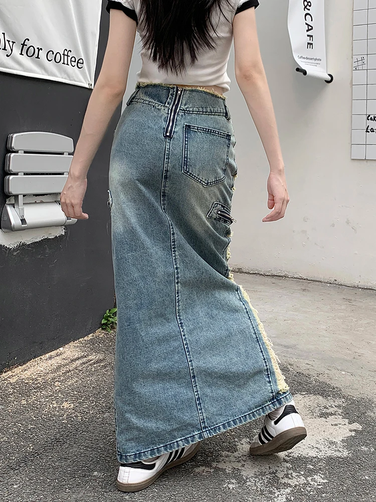 Ripped Tassel Denim Skirt Y2K Harajuku Split Jean Skirts Women 2025 New Holes Long Skirt