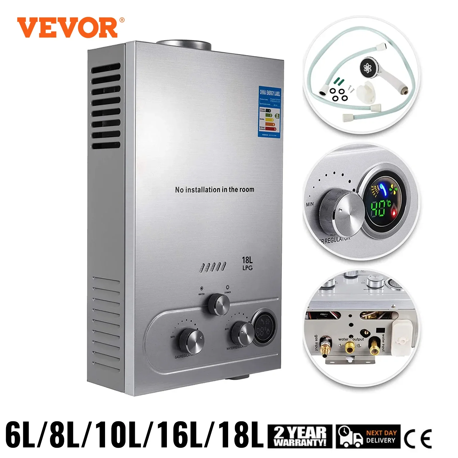 VEVOR-Kit de chauffe-eau GPL sans réservoir, acier inoxydable précieux, gaz propane, camping intérieur, 6L, 8L, 10L, 12L, 16L, 18L