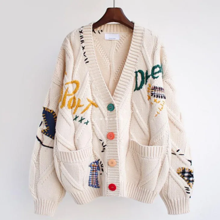 

Women's Autumn Winter Cable Knit Long Sleeve Cardigan Coat V Neck Pocket Colorful Button Letter Embroidery Loose Knitwear Female