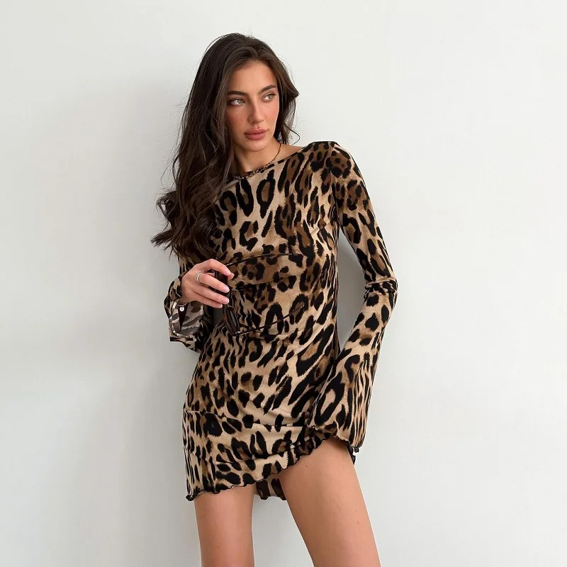 

European American Womens Clothing 2025 Spring New High-Waist Round Neck Long Sleeve Dress Personality Street Leopard Print Skirt