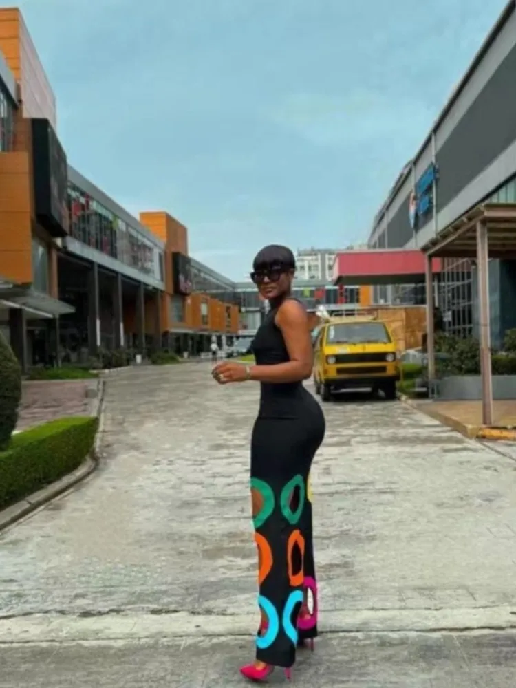 Fashion O-neck Sleeveless Waist Dress For Women Elegant Spring Summer Slim Fit Hollow Positioning Printing Casual Dresses Female