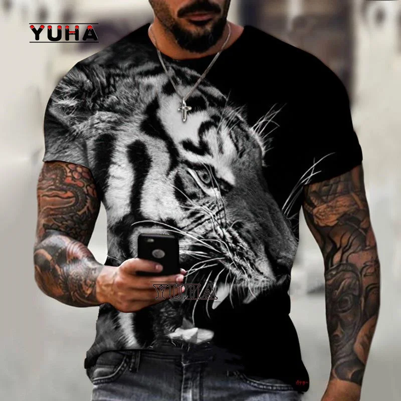 New 3D Animal Men’s Shirt, Round Neck T-shirt, 3D Printing, Animal Tiger, Ferocious Fashion Trend, Summer New Style