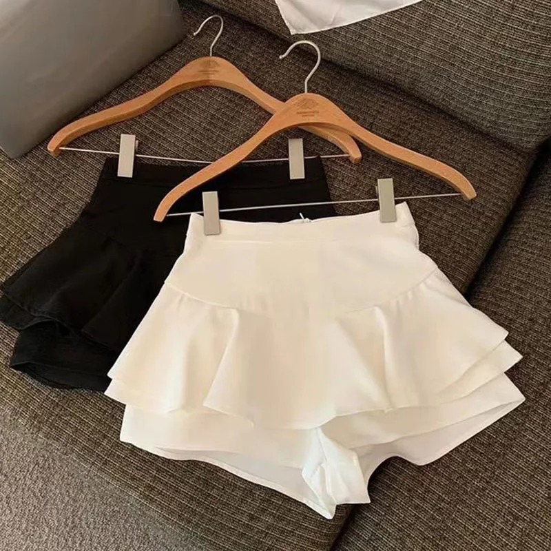 Summer A-Line Skirts for Women Korean High Waist Zipper Ruffles Mini Skirt Ladies All-Match Sweet Black White Jk Short Skirts