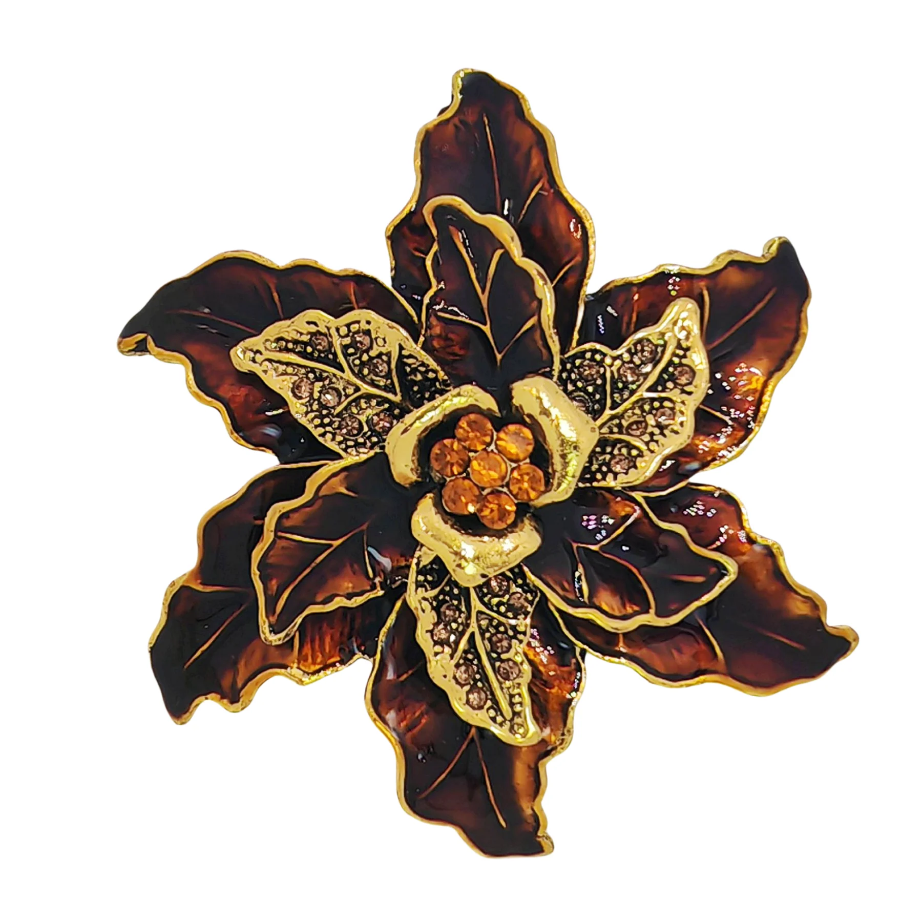 

Vintage Triple-Layered Brown Enamel Poinsettia Flower Pin Brooch with Crystal Accent