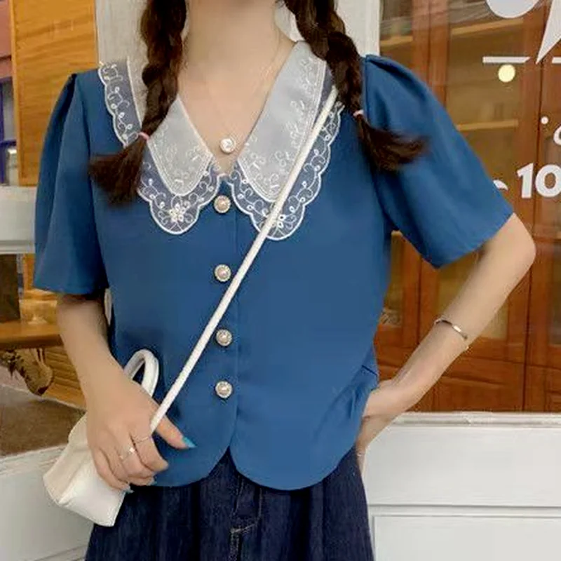 M-4XL Shirts Women Loose Summer Sweet Girls Embroidery Peter Pan Collar Princess Cute Holiday Mujer Korean Style Popular Ulzzang