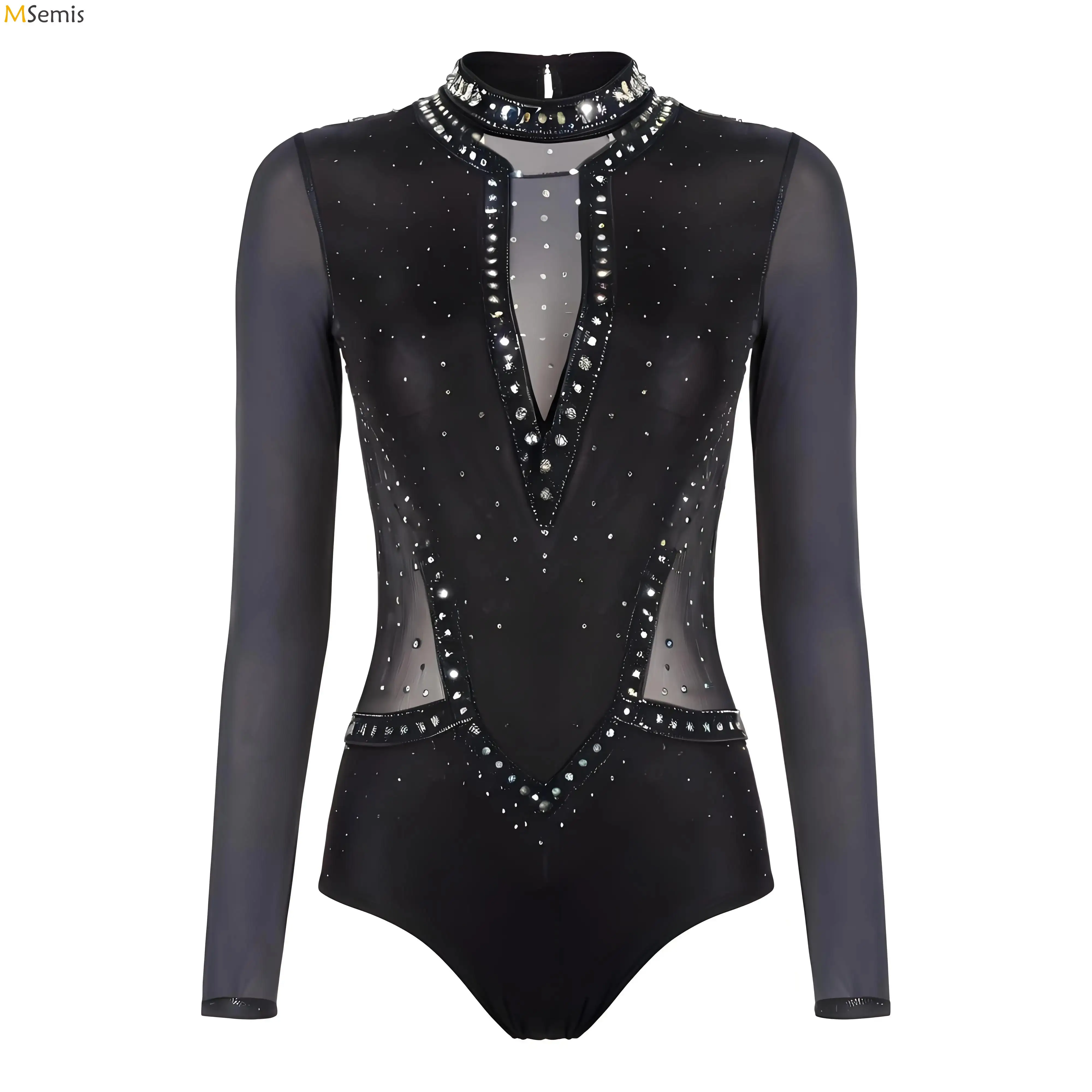 Womens Rhinestone Gymnastics Ballet Leotard Long Sleeve Hollow Back Mesh Bodysuit Athletic Figure Skating Competitions Dancewear