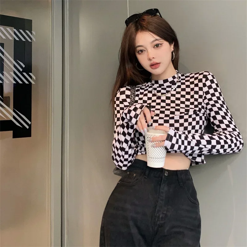 

Women Shirts Summer Casual Plaid Shirt For Women Tops And Blouses Long Sleeve Black Ladies Plaid Shirts Tight Vintage Streetwear