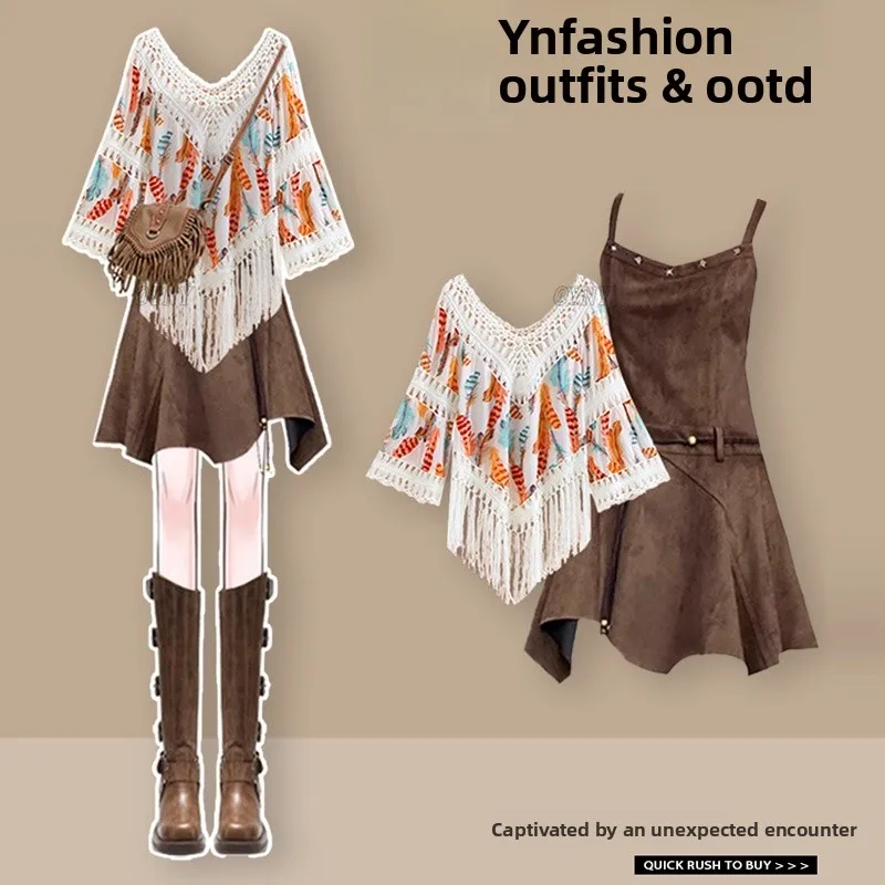 

Faionable Hollow out Casual Sle Women's Ensemble Autumn New Ethnic Trendy Top And Skirt Set V Ne Two Piece Suit