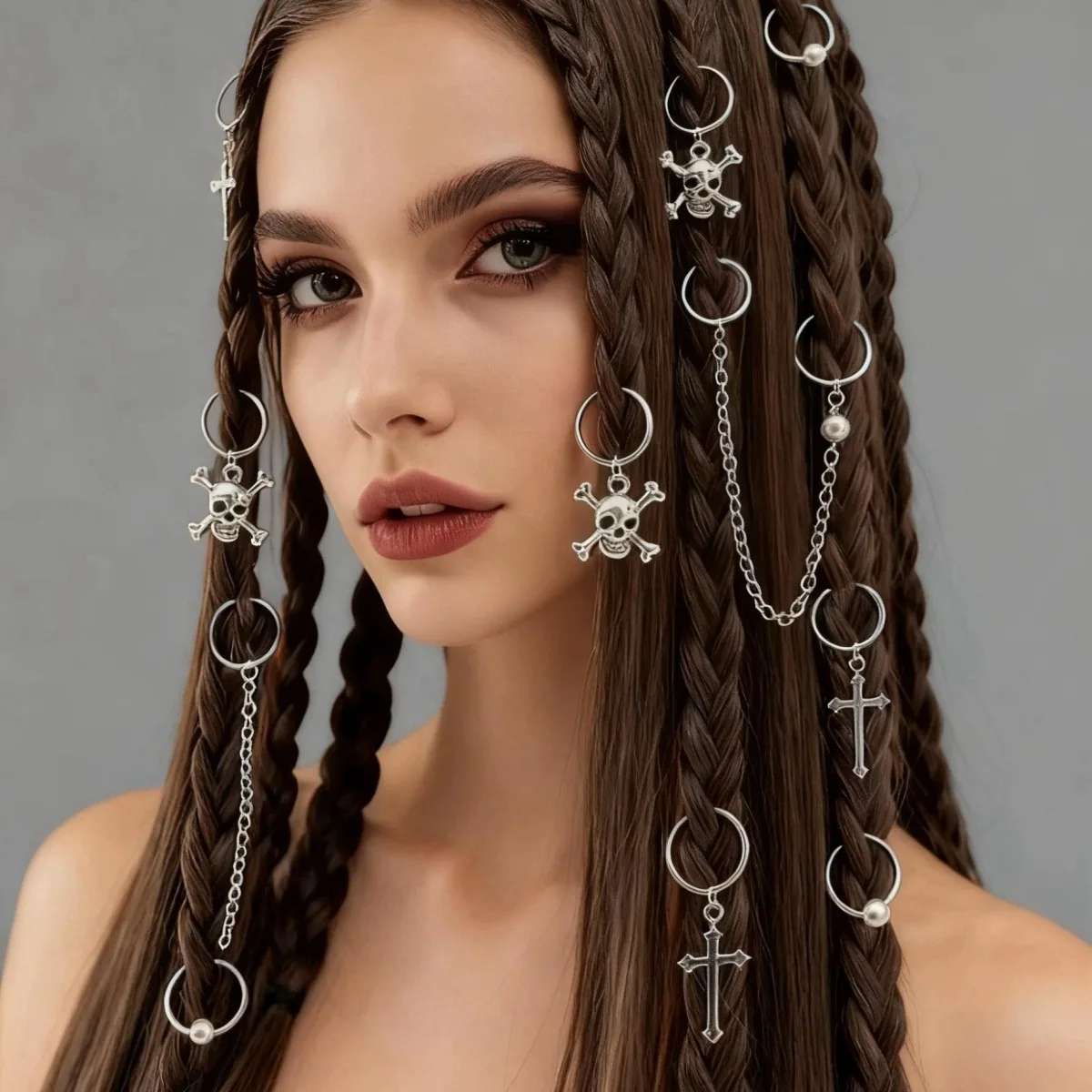 13 Pcs Gothic Dreadlock Hair Hoops Cross Skull Chain Fine Metal Alloy for Halloween Festival Party Hair Decoration