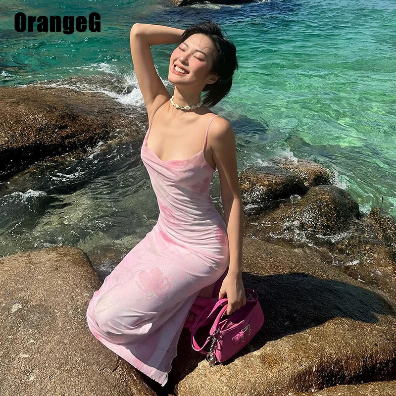 OrangeG Pink Beachwear abito lungo donna Spaghetti Strap Backless senza maniche Flower Print Mesh elastico Straight Vacation elegante