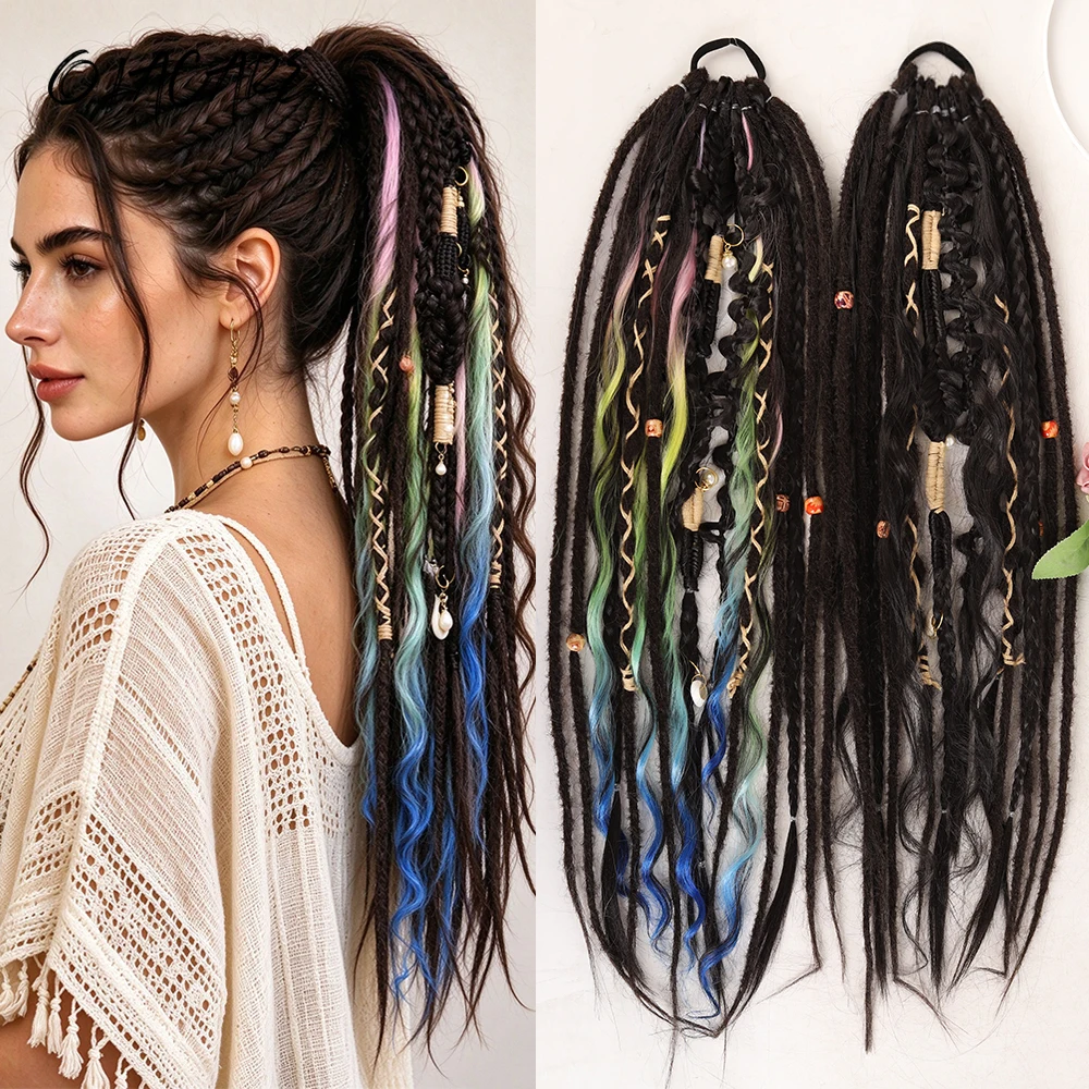 24Inch Dreadlock Ponytail Hair Extensions Synthetic Boho Locs Braiding Hair Elastic Rubber Band Stretchable Ponytail Hairpiece