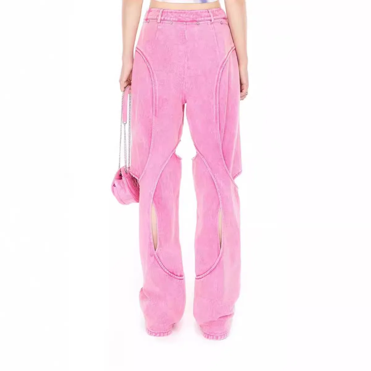 Hipster Jeans Women Hollow Out Big Hole Denim Pants Loose Runway Luxury Design Stitch Straight Trousers Wide Leg Street Stylish