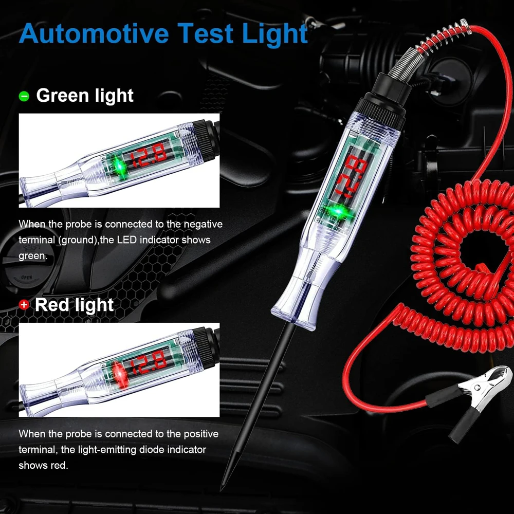 Test Light Automotive Circuit Tester 3-48V DC Digital LCD Display Prolong Spring Cable for Sedan,SUV,RV,Truck,Lawn Mower