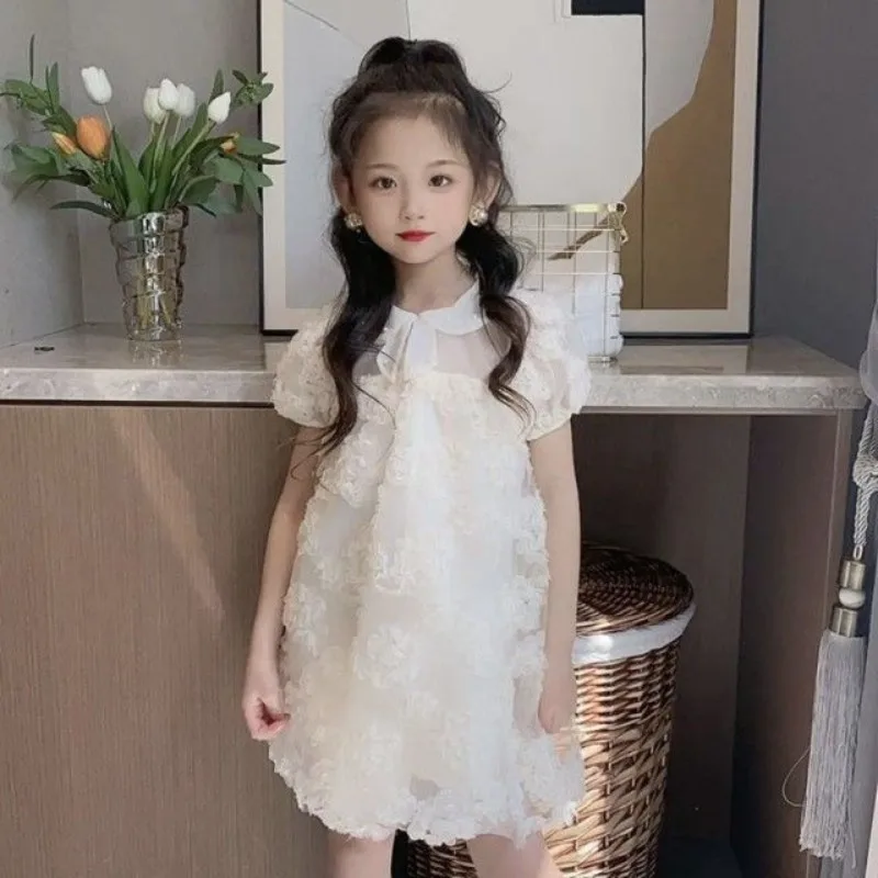 Summer Girls Sweet  Dress Baby Doll Neck Pearl Princess Dresses Kids Flower Vestido Child Puff Sleeve Dress 2 4 6 810 Year