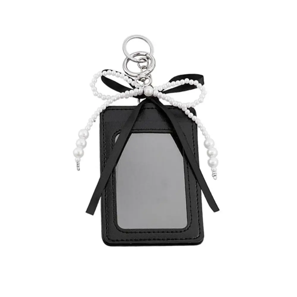 Pearl Bow Photocard Holder Key Ring Dangling Charm Hardware Badge Holder PU Leather Clear Window ID Card Holder