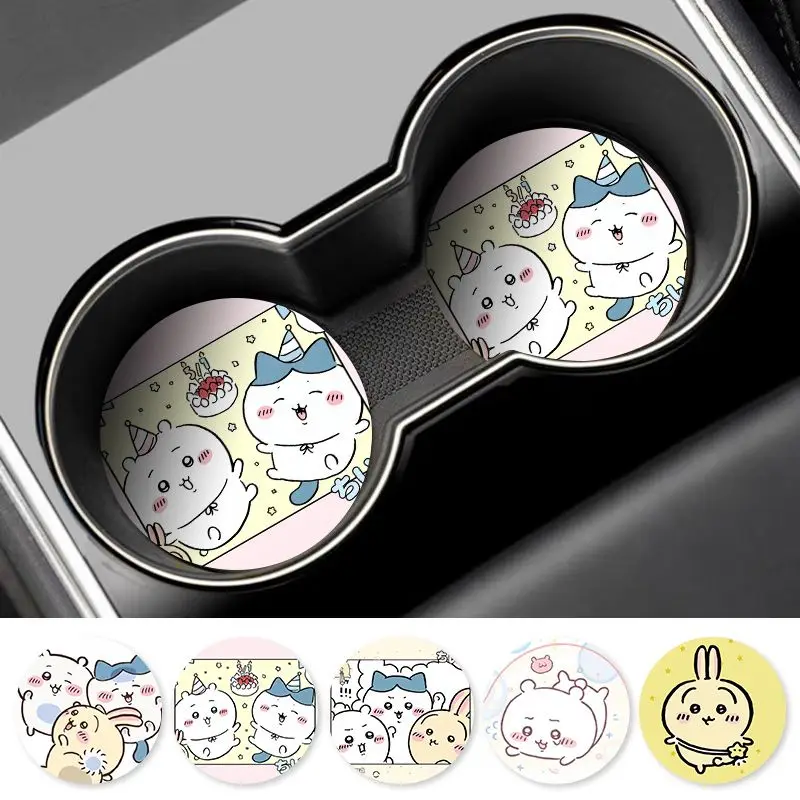 Anime Chiikawa Car Coaster Set of 2 Rubber Anti Slip Absorbent Cup Holder Mat For Car Cup Holder Interior Decor Auto Accessories