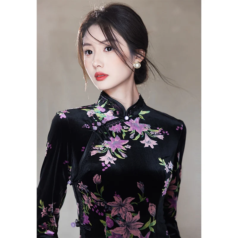 

Ele Bla Velvet Dr anghai Sle Повседневная одежда Performance ow Длинный све с низким разрезом и цветочным узором