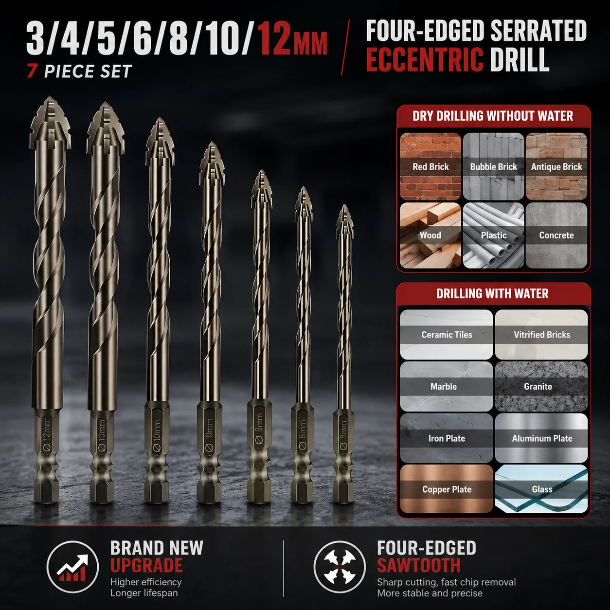 7Pcs Carbide Drill Bit Set, High Hardness Tile Drill Bits (3-12mm), Manganese Steel Hex Shank for Ceramic, Porcelain, Glass, Concrete & Metal, Fast Drilling Durable Tool Kit Precision Cutting Long Lasting Performance Industrial Grade Use Qualit