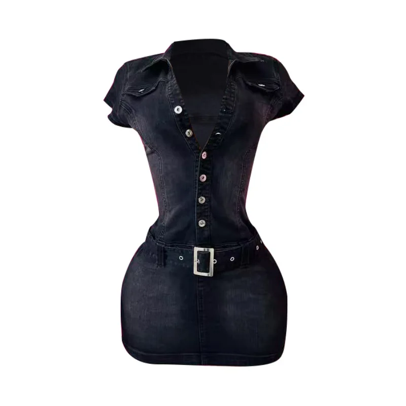 New Denim Short Sleeve Dress Women Modest Sexy Summer Stylish Slim Stretch Acid Wash Vintage Belt Jean Bodycon Dresses