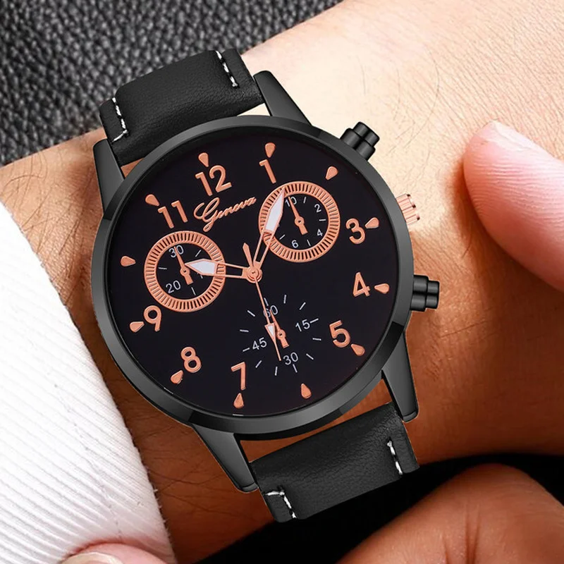 Geneva Simple Business Watch Men Fake Three-Eye Pu Leather Belt Quartz WristWatch Top Brand Luxury Jewelry Wholesale