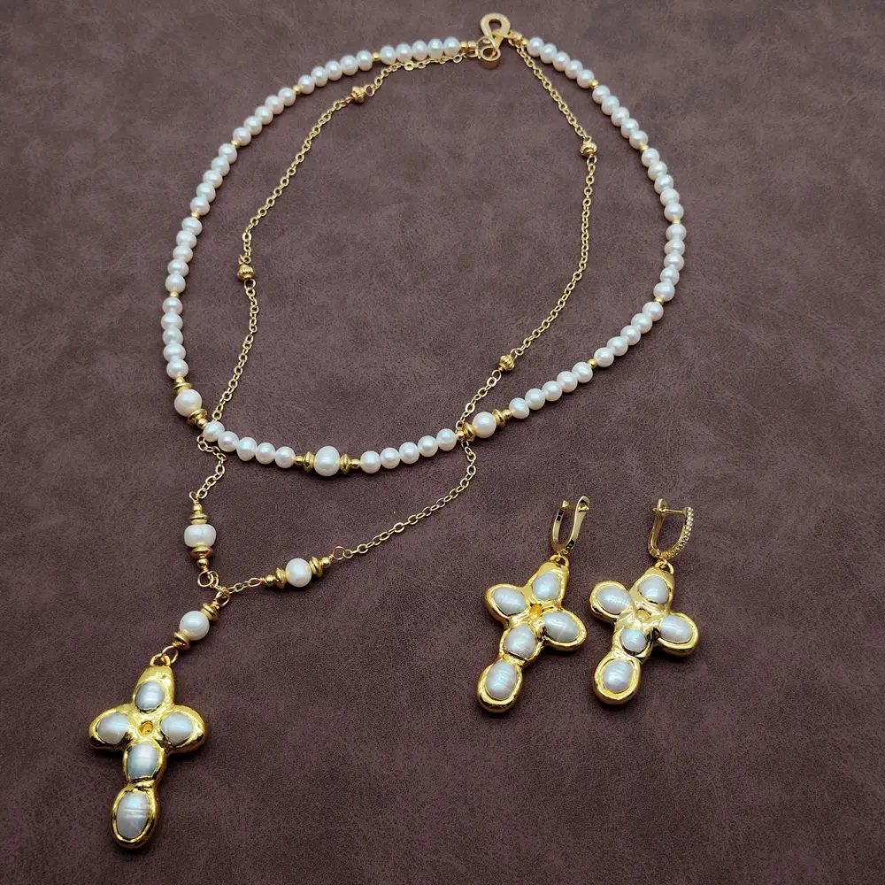 

YYGEM Natural White Pearl Crucifix Pendant Handmade Chokers Necklaces Earrings Set Jewelry Sets