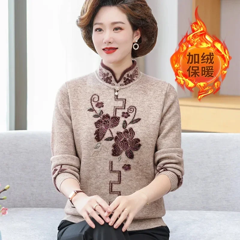 Mother Sweater Autumn Winter Plush Thicken Warm Knitted Pullovers High End Elegant Cheongsam Collar Integrated Velvet Knitwear