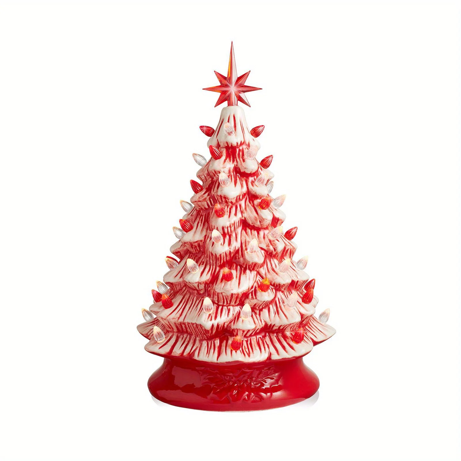 

15" Peppermint Ceramic Christmas Tree, Pre-Lit Hand-Painted Decor with Lights