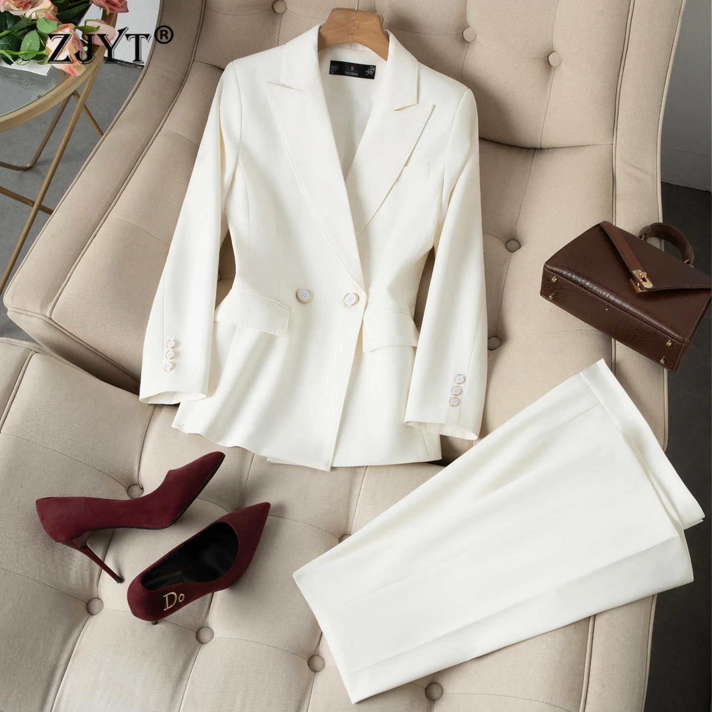 

ZJYT Business Chic Formal Two Piece Outfits Woman Elegant Spring Blazer Trousers Suit White Black Office Lady Work Wear Pant Set