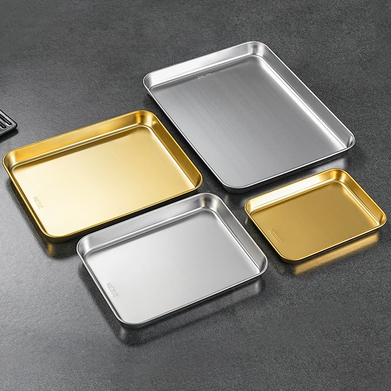 304 Stainless Steel Rectangle Tray Large Capacity Metal Food Serving Pan Steamed Rice Sausage Plate Kitchen BBQ Storage Trays