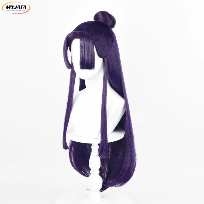 Jinshi Cosplay Wig Anime Long Dark Purple With Bun Heat Resistant Synthetic Hair Party Unisex Wigs + Wig Cap