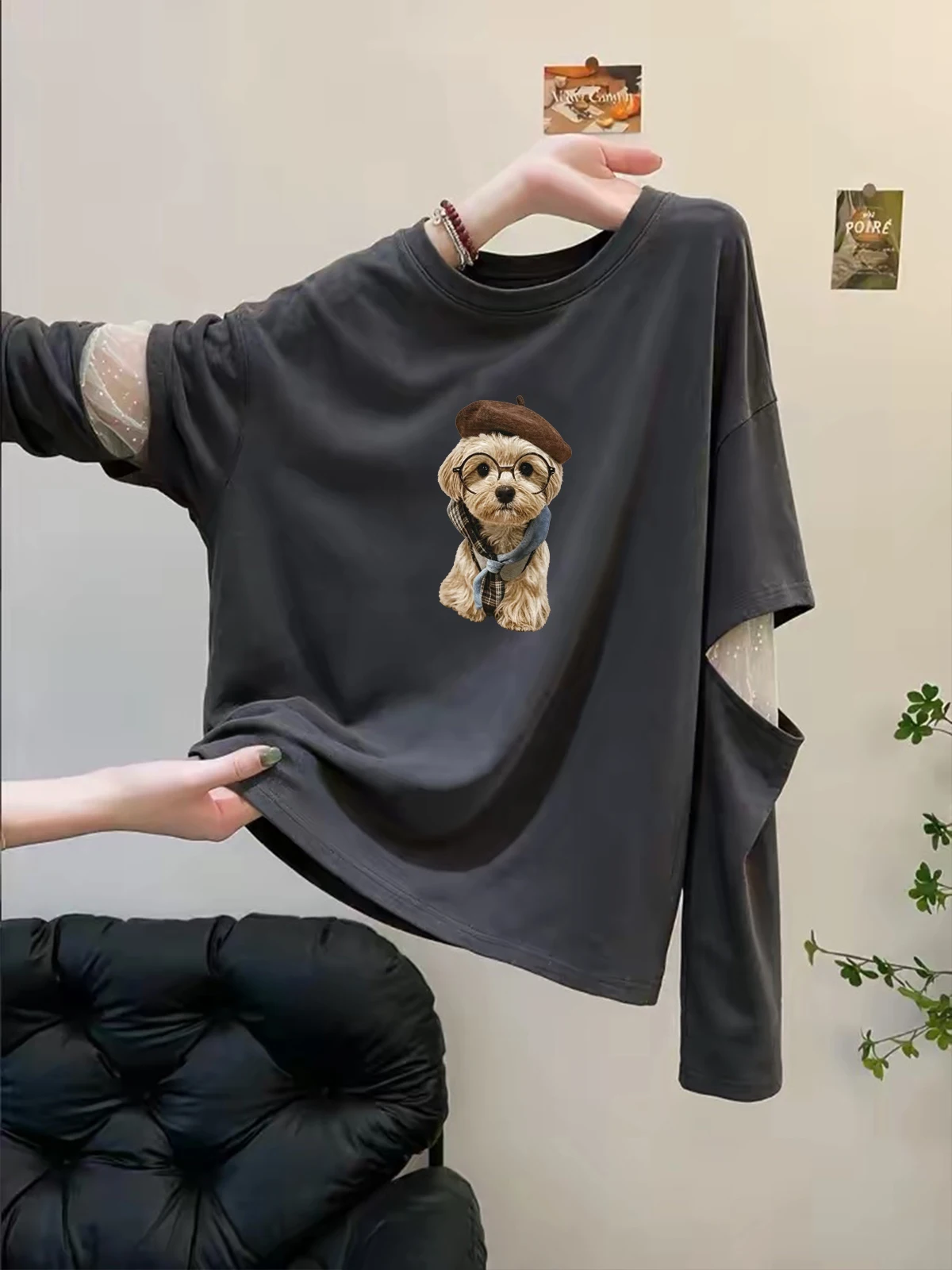 High-End Women's Long Sleeve T-Shirt Mesh Splicing Fake Two-Piece Autumn Fashion Versatile Beautiful Top Relaxing Style Creat...