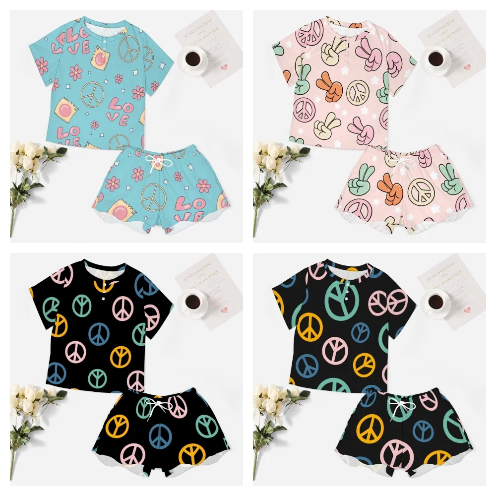 Peace Signs Pattern 2 pezzi da donna Button Down manica corta bottone anteriore Sleepwear Loungewear PJ Set Summer Home Suit