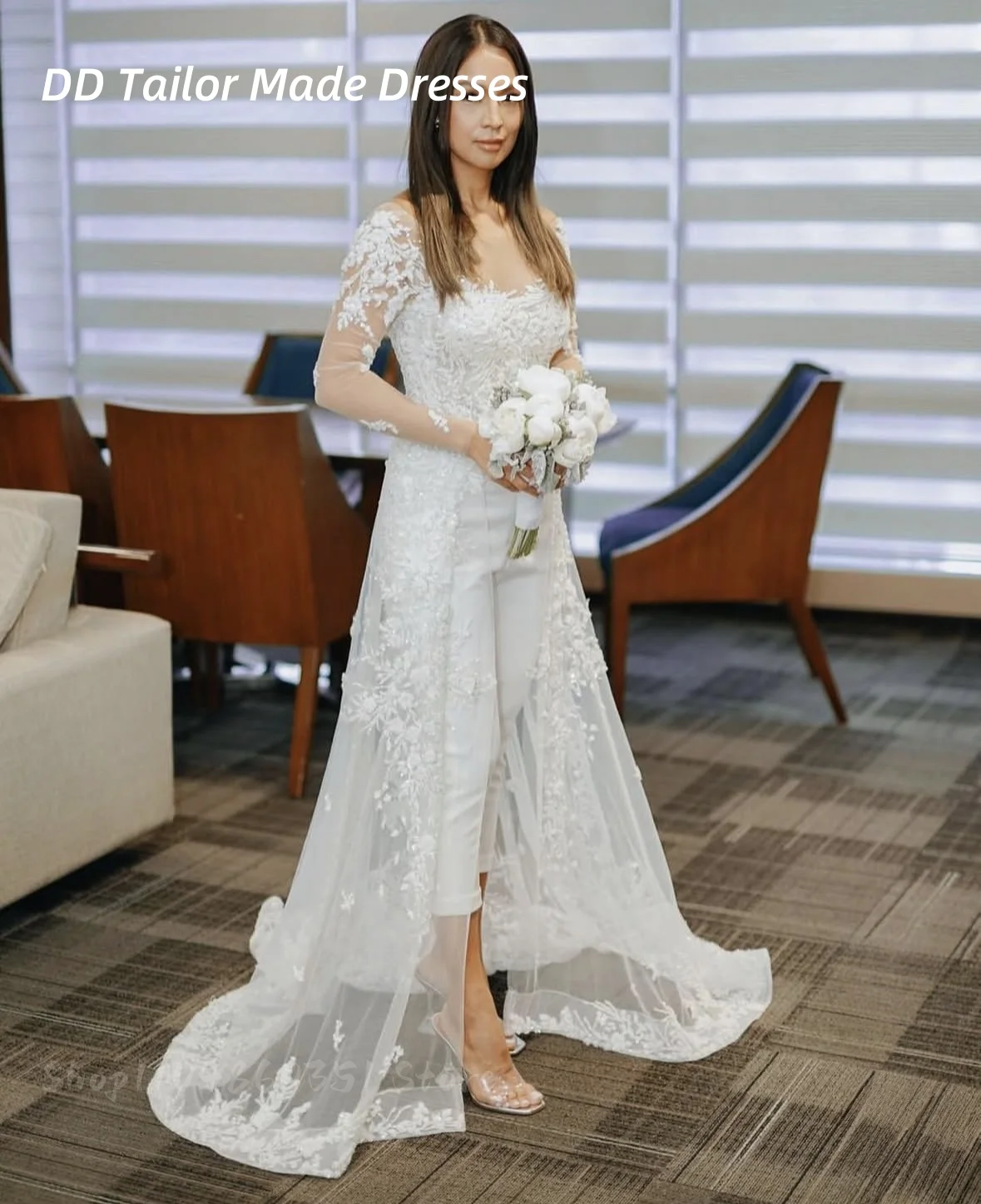 

Elegant Ivory Wedding Jumpsuit With Detachable Skirt Lace Appliques Long Sleeves Boho Beach Wedding Dress Bridal Gown Customized