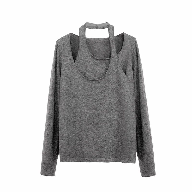 Fake Two-piece Knitted Tops Solid Color Long Sleeve Halter Knit Tops Women Autumn New Korean Style Slim Sweater Female Tops