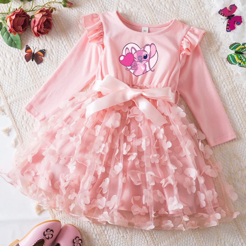 Lilo ponto vestido de princesa meninas vestido primavera outono crianças de manga comprida para roupas de festa das crianças dos desenhos animados vestidos de tule 2-6y