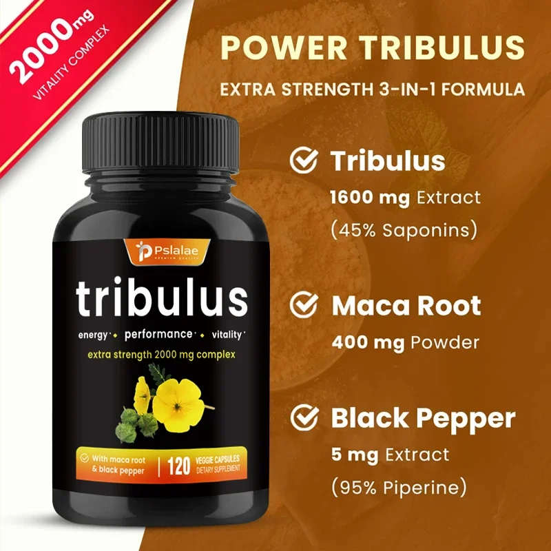 Organic Tribulus Terrestris Supplement 2000 Mg - with Maca and Black Pepper Extracts, Dietary Capsules