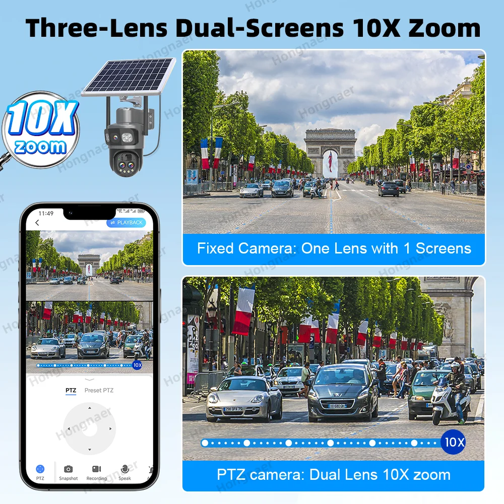 Hongnaer 12MP 6K Three Lens 10X Zoom Outdoor WiFi Solar Panel Powered Wireless CCTV Security PTZ V380 Pro WiFi Solar CCTV Camera