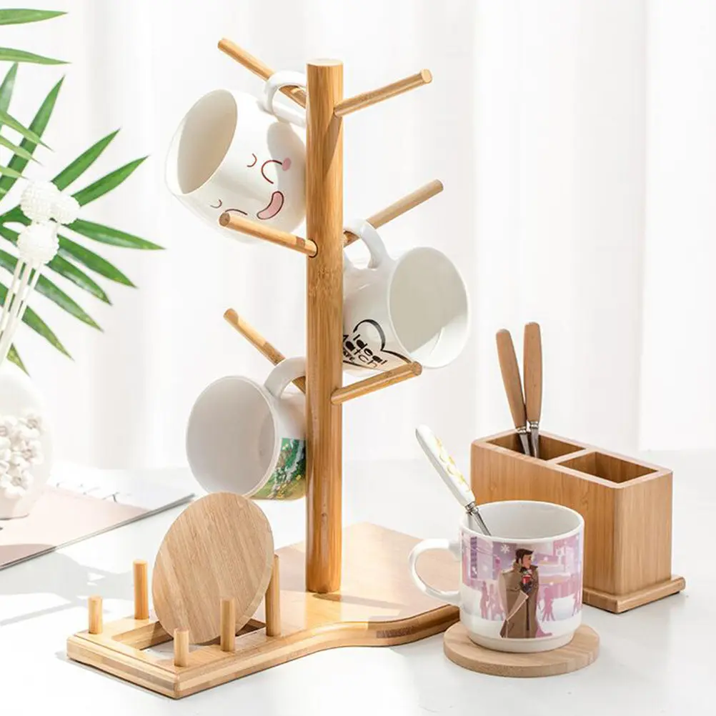 6-Cup Bamboo Hanging Mug Rack Premium Wood Cup Organizer Stand for Kitchen Counter Coffee Table Dining Centerpiece Home view 3