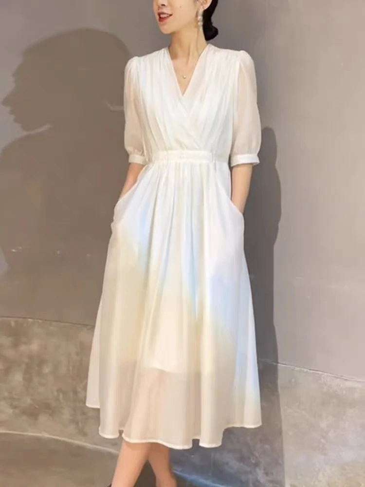 

Элегантная белая шелковая женская летняя юбка миди с V-образным вырезом, завышенной талией и эффектом похудения, в стиле «нежный ветер»