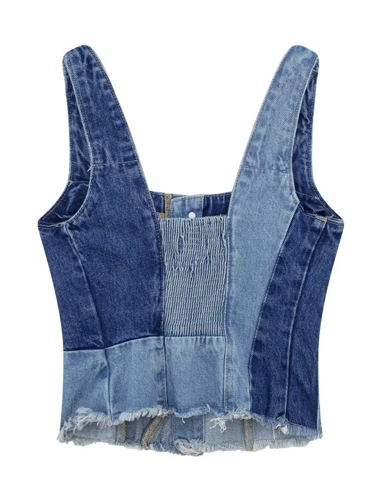 Women Fashion Front Button Patchwork Denim Tank Tops Sexy Backless Elastic Wide Straps Female Camis Mujer