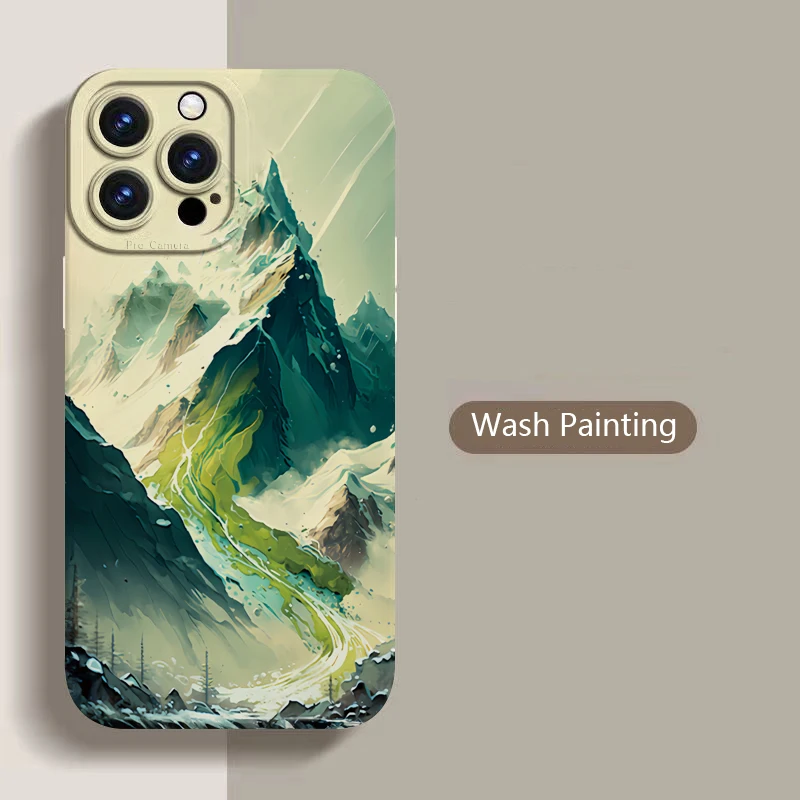 Wash Painting Mountains Rivers Scenery Phone Case For iPhone 11 12 13 14 15 Pro Max XS X XR 7 8 Plus SE 2020 Soft Silicone Cover