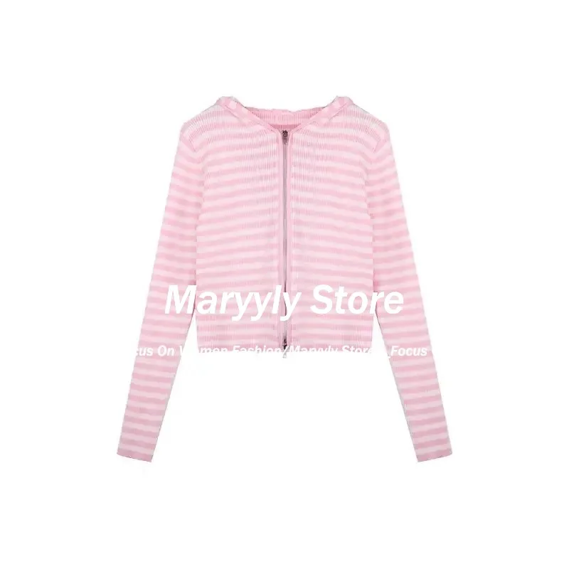 2024 Autumn New Pink Striped All-match Hoodie Tops Women Casual Bottoming Cardigan Sweet kawaii Long Sleeve Zipper Sweatshirts