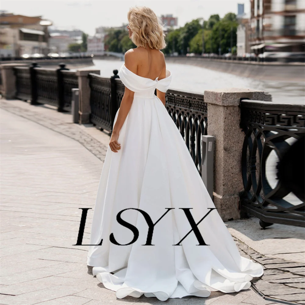 LSYX Off-Shoulder Pleats V-Neck Crepe A-Line Wedding Dress For Women Zipper Back Floor Length Bridal Gown Custom Msde