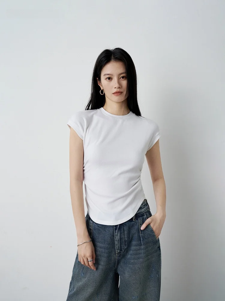 

mat MOPOBLY T-irt with Pleats Slim Fit ort Sve Waist-Cinching Commute Top Pure Color round Ne Regular Length