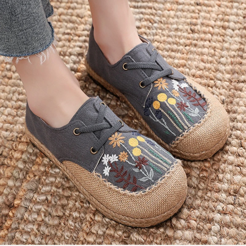 Women\'s Embroidered Linen Shoes New Ethnic Style Non-slip Comfort Loafers Flowers Thick Bottom Lace Up Flats Sapato Femininas