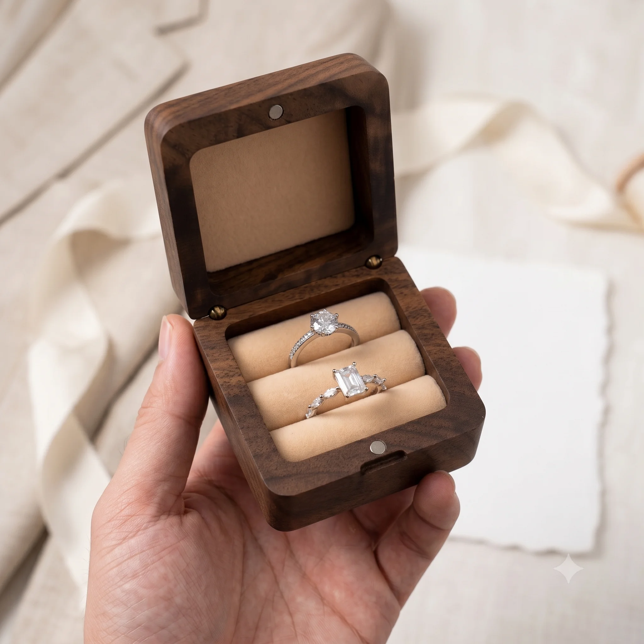 Maßgefertigte Gravierte Walnussholz-Ringbox für Hochzeitszeremonie Doppelringhalter Verlobungs-Geschenk für Paare – Detail 6