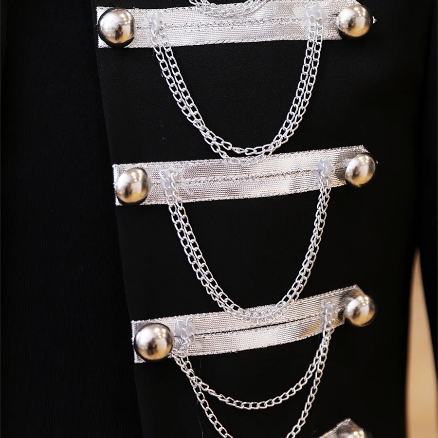 Men's Drummer Military Court Jacket Punk Style Double Breasted Stand Collar Metal Chains Tassel Slim Coat Bar Singer Outerwear