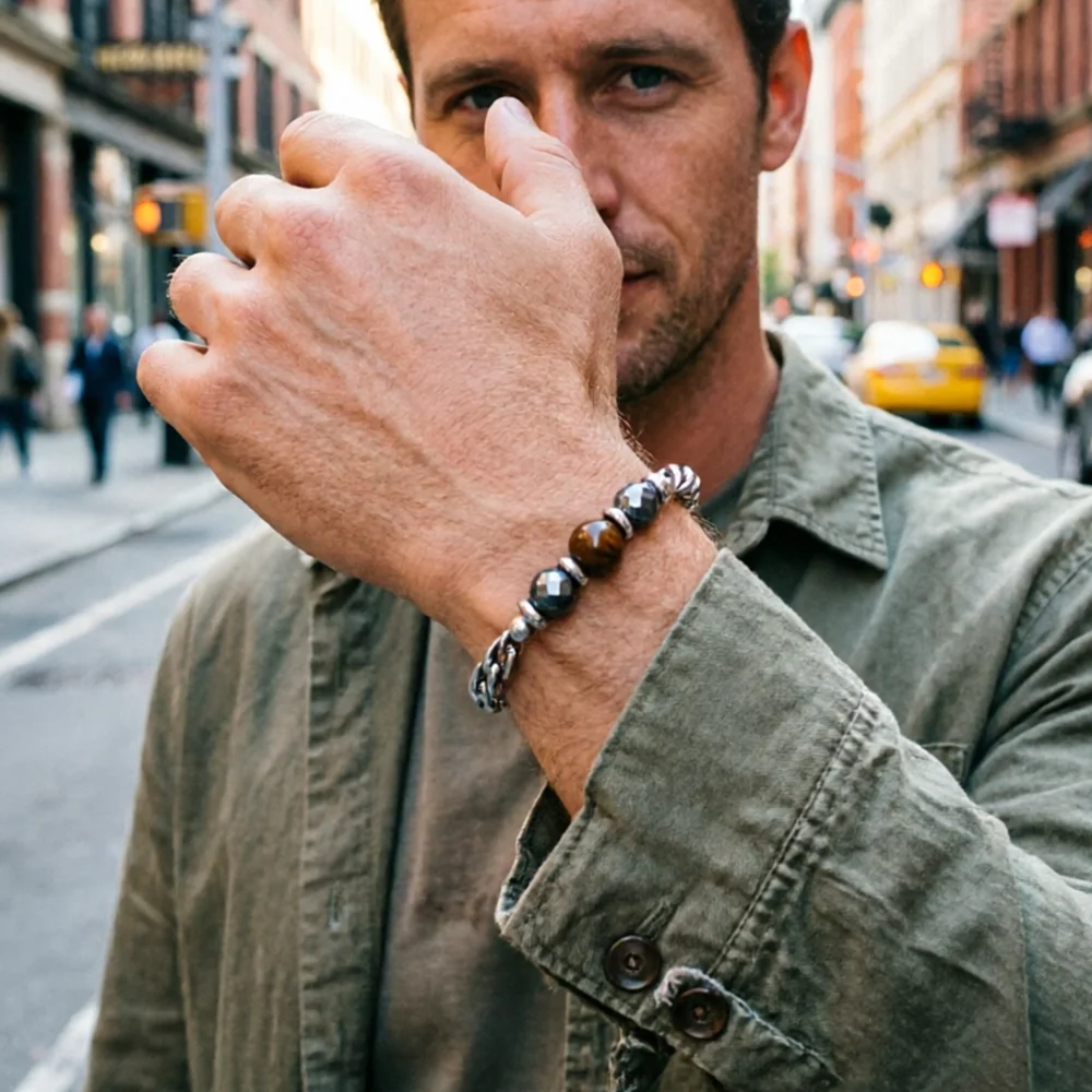Punk Stainless Steel Chain Men Bracelet Adjustable Lobster Claw Buckle Big Stone Beads Braslet Charm Cool Homme Gift Jewelry