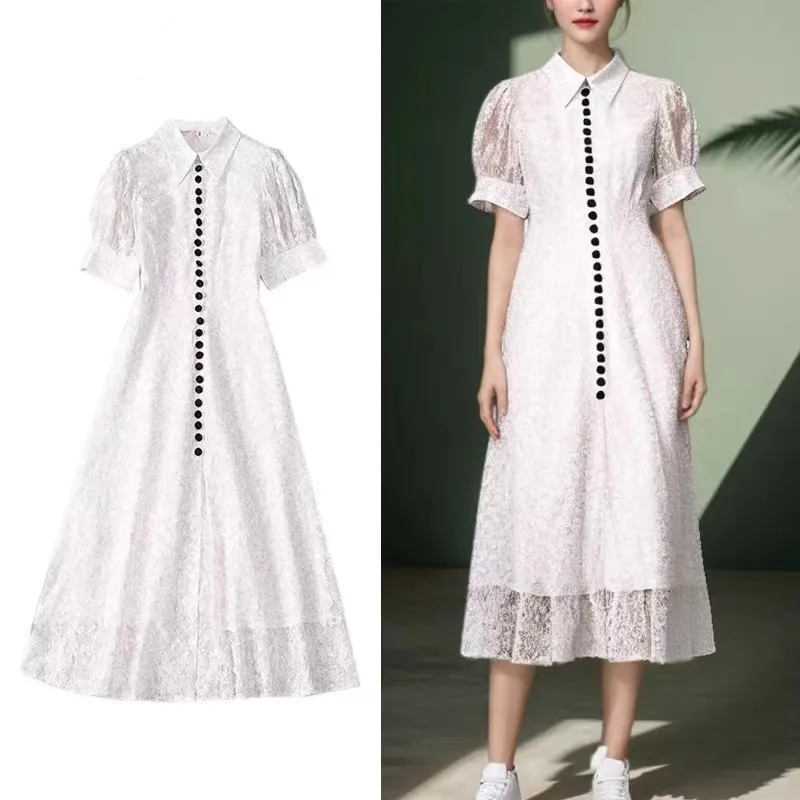 New Designer Celebrity Stylish Turn Down Collar Short Sleeve Hollow Out Lace Casual Button White Party Office Holiday Dresses