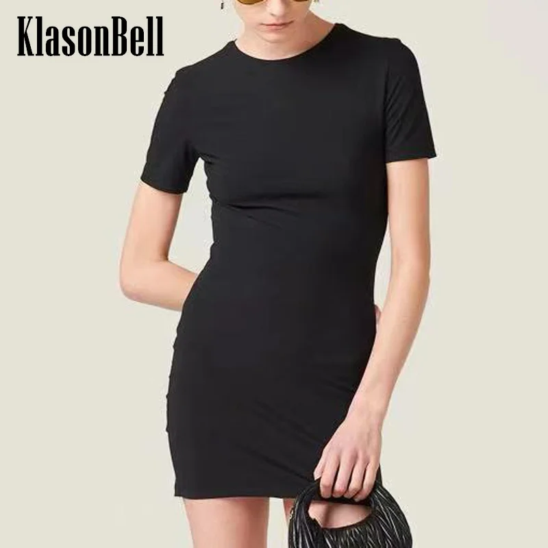 

7.5 KlasonBell Women Black Fashion Versatile Letter Pattern O-Neck Stretch Slim Package Hip Short Dress